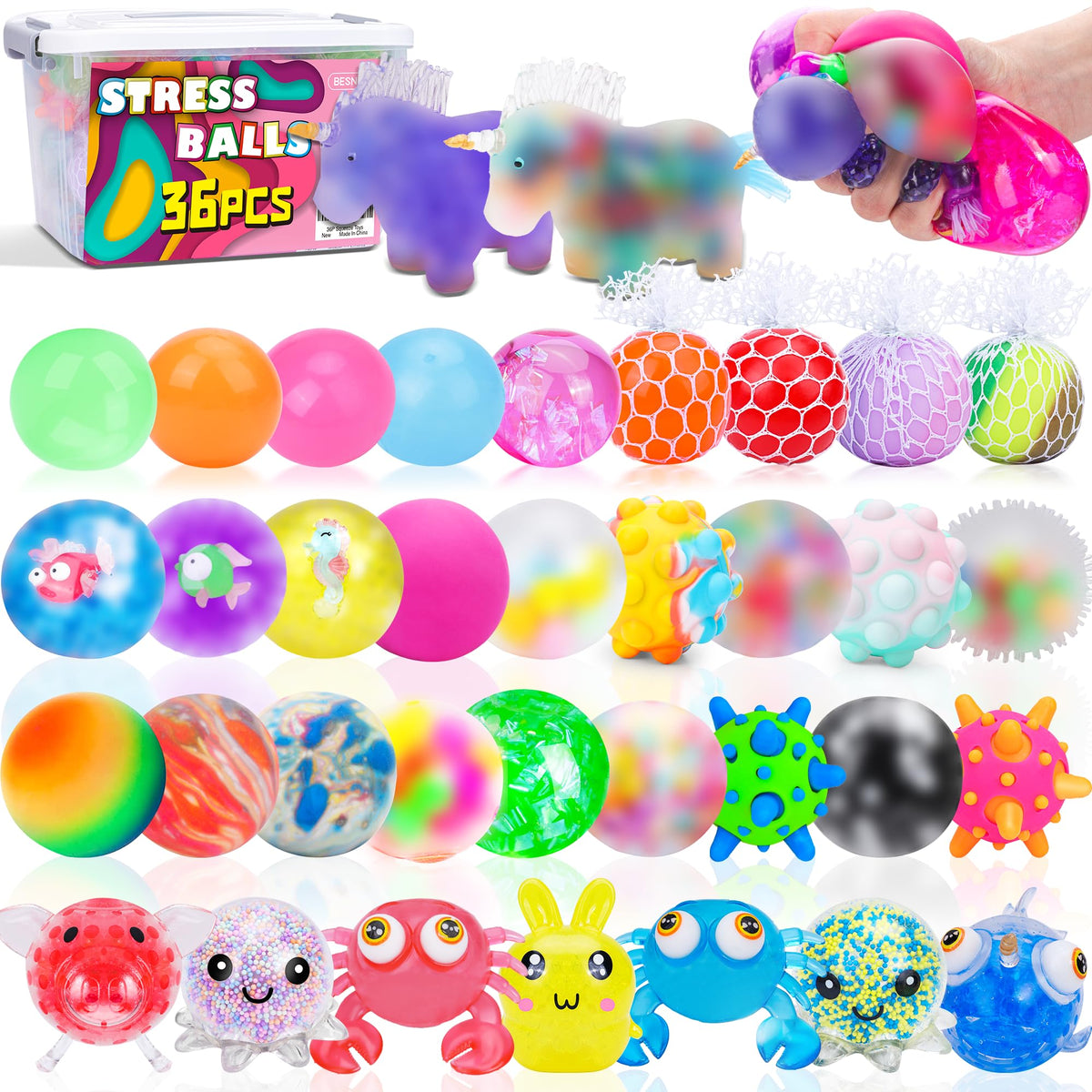 Besnel 36-pack stress balls collection in bright colors for quick, tactile relief.