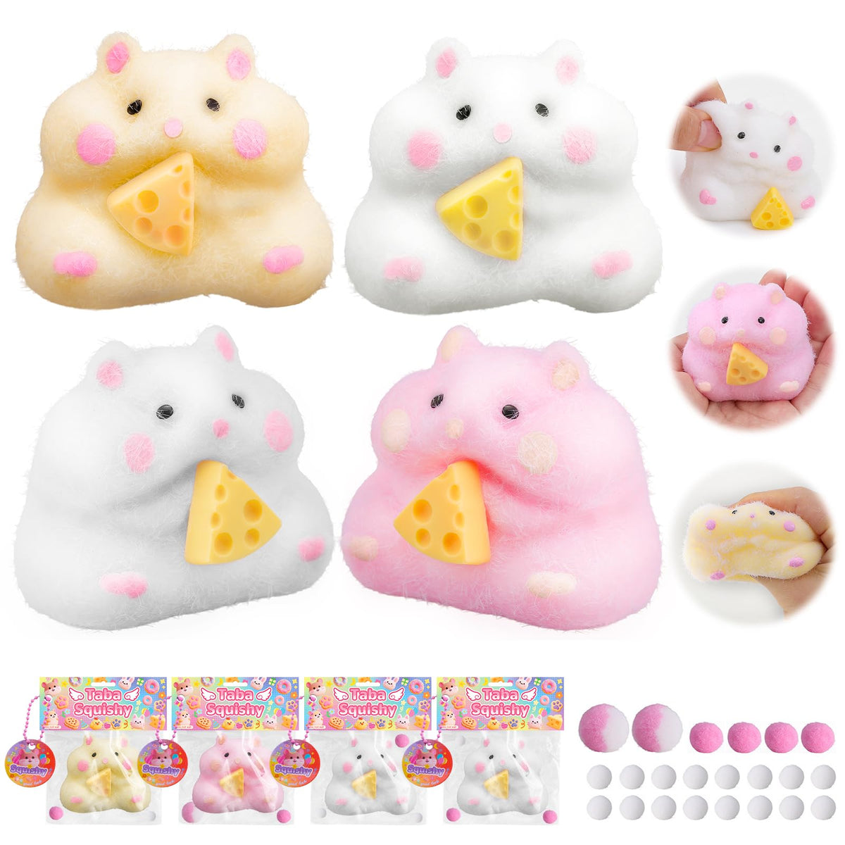 BESNEL Taba hamster toy pack with four soft squishies for stress relief.