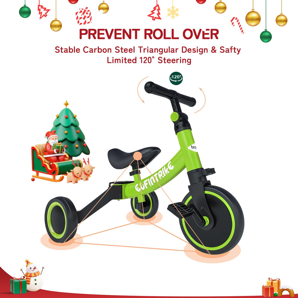 Besrey 5-in-1 toddler bike 70-degree steering helps prevent rollover.