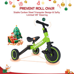 Besrey 5-in-1 toddler bike 70-degree steering helps prevent rollover.