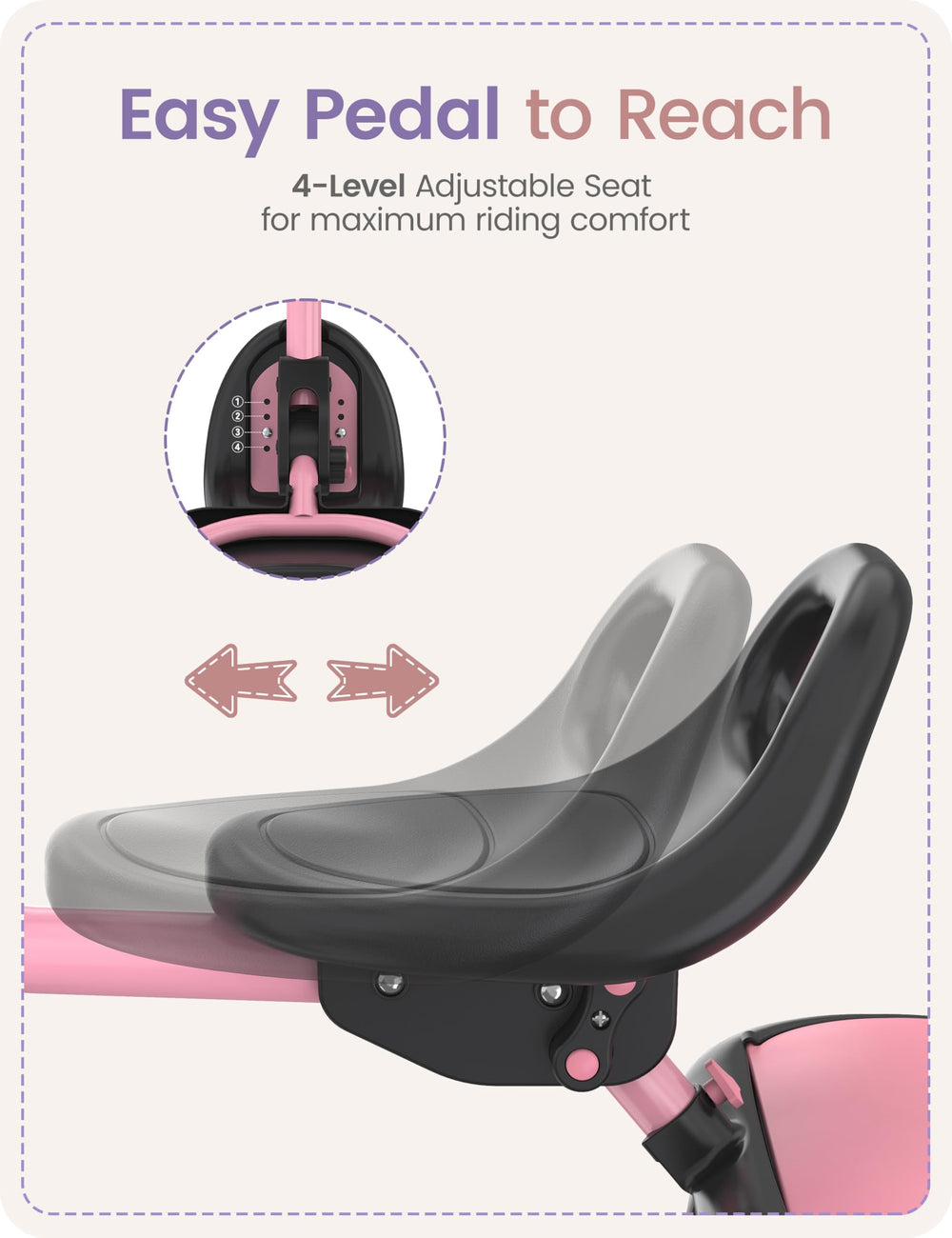 Besrey forward/backward seat adjustment supports growing riders