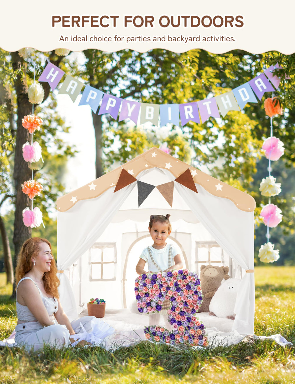 Besrey play tent package includes poles, banner, and mat.