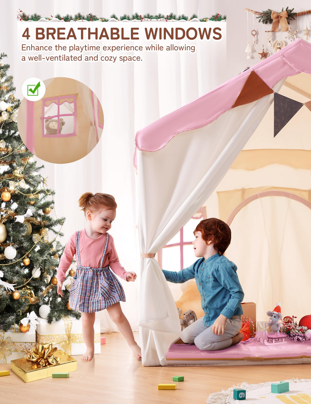Besrey play tent includes poles, lights, banner, and padded mat for instant play.