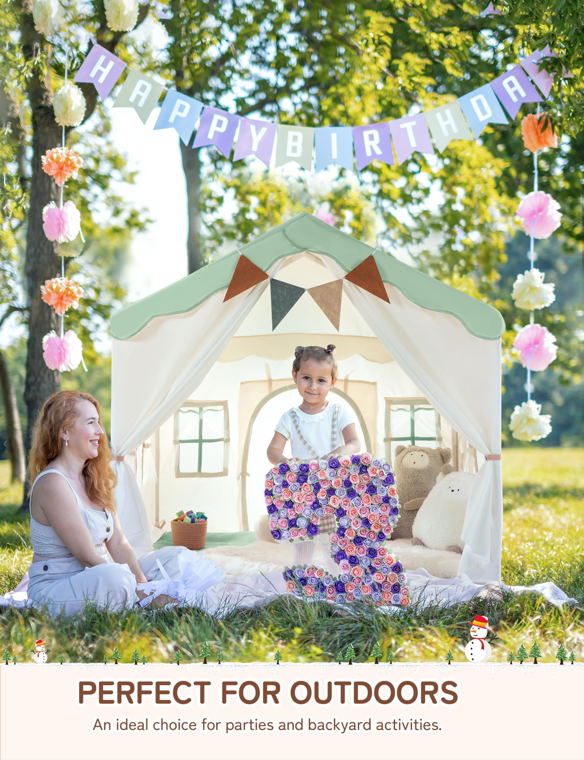 Besrey kids tent lace curtains rolled up improve airflow and supervision.