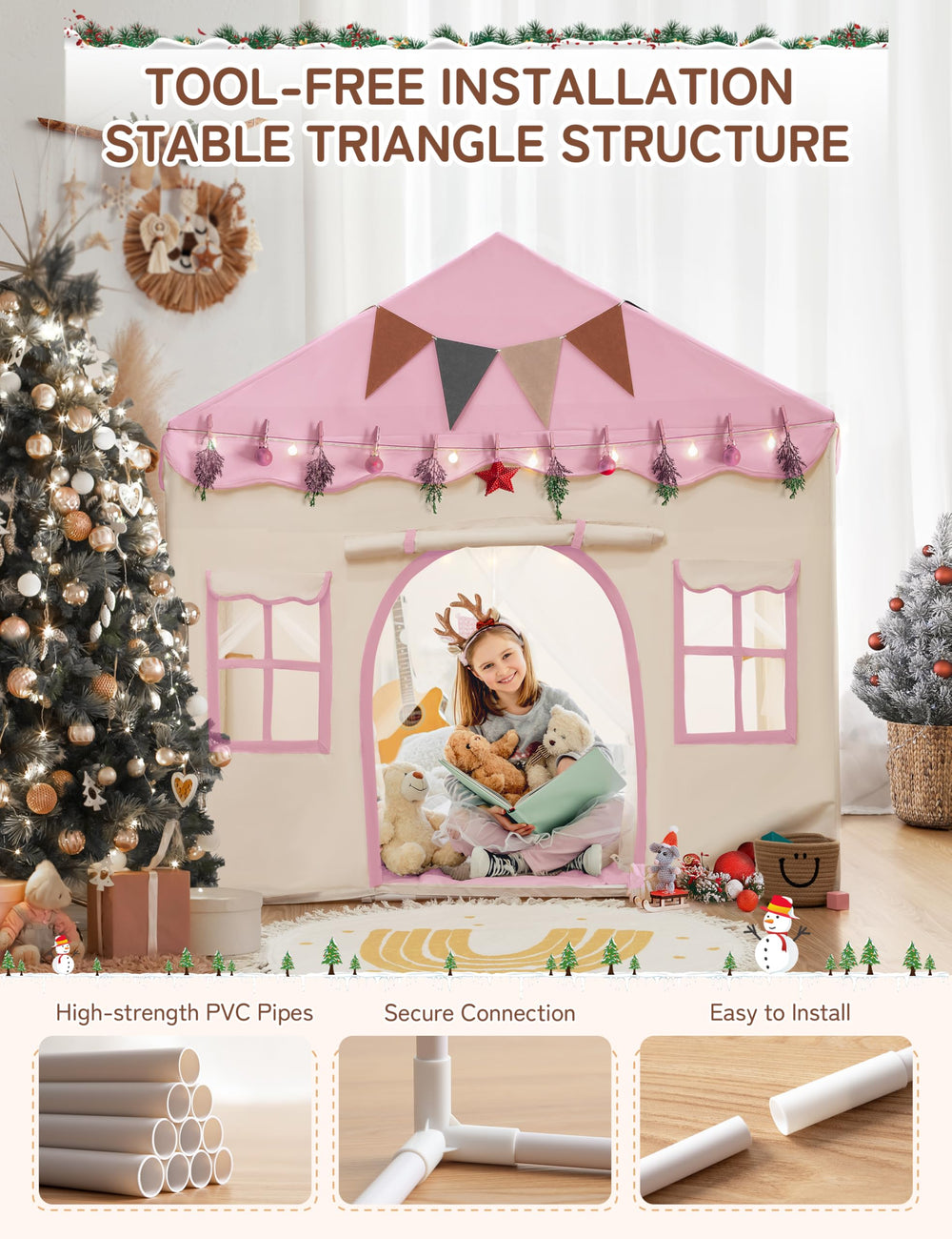 Besrey play tent features padded mat and lights for a cozy play space.