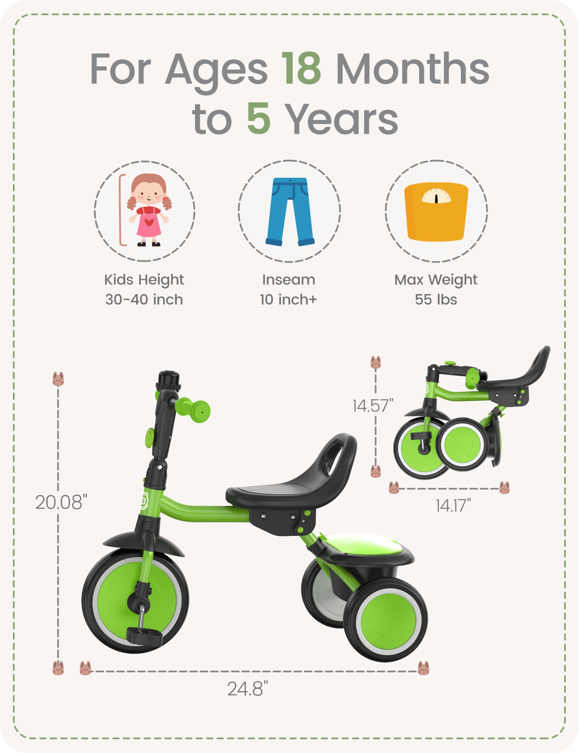 Besrey Kids Tricycle backrest adds support for longer, relaxed rides.