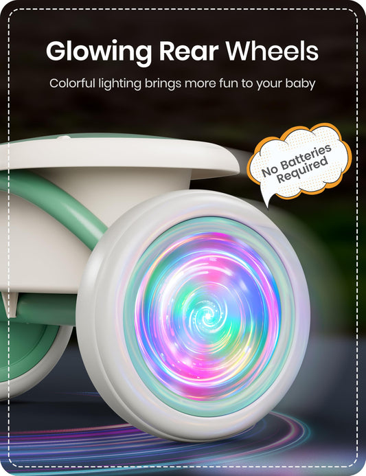 besrey Kids Tricycle rear view shows glowing wheels for nighttime safety