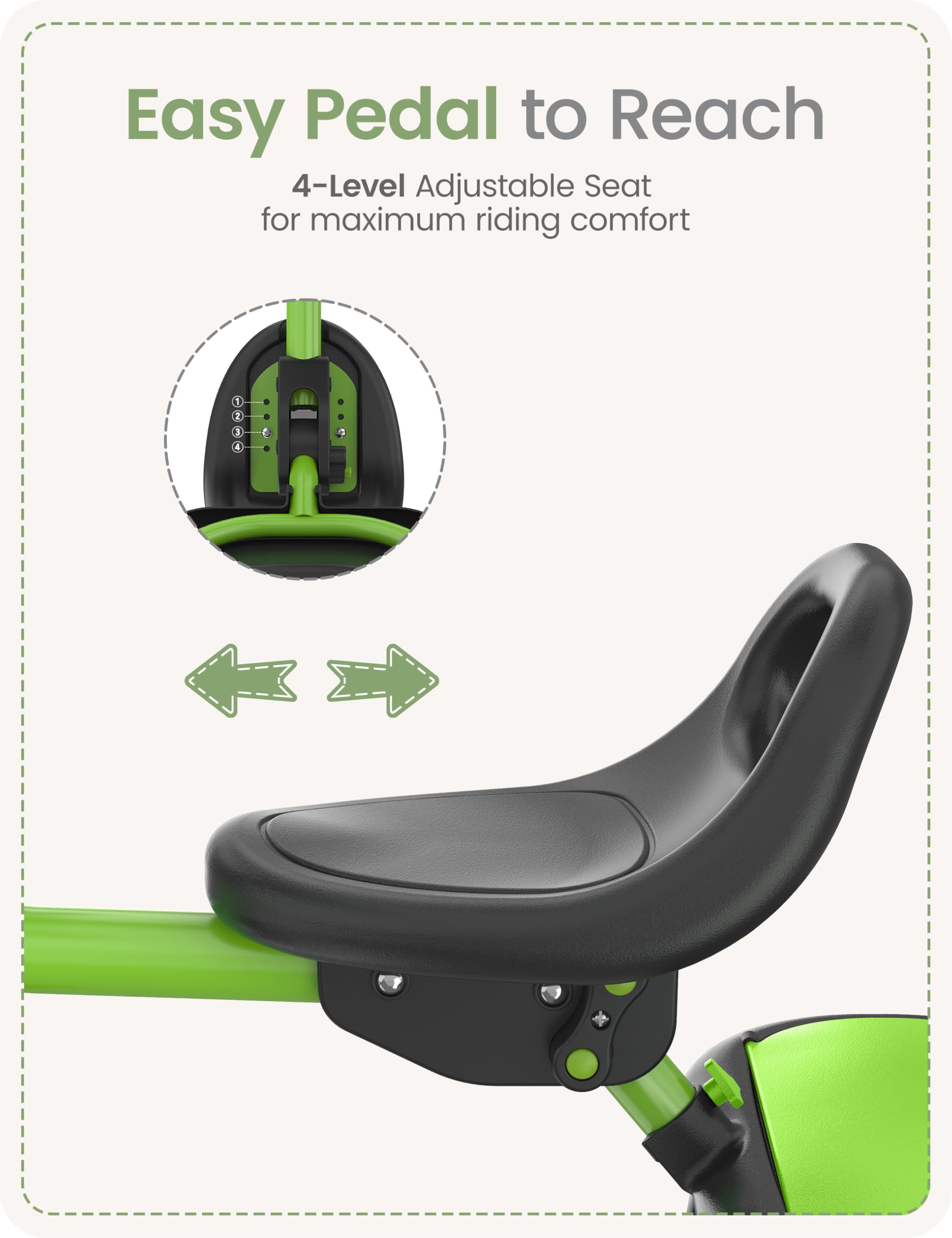 Besrey Kids Tricycle EVA foam wheels absorb shocks for comfortable all-terrain rides.