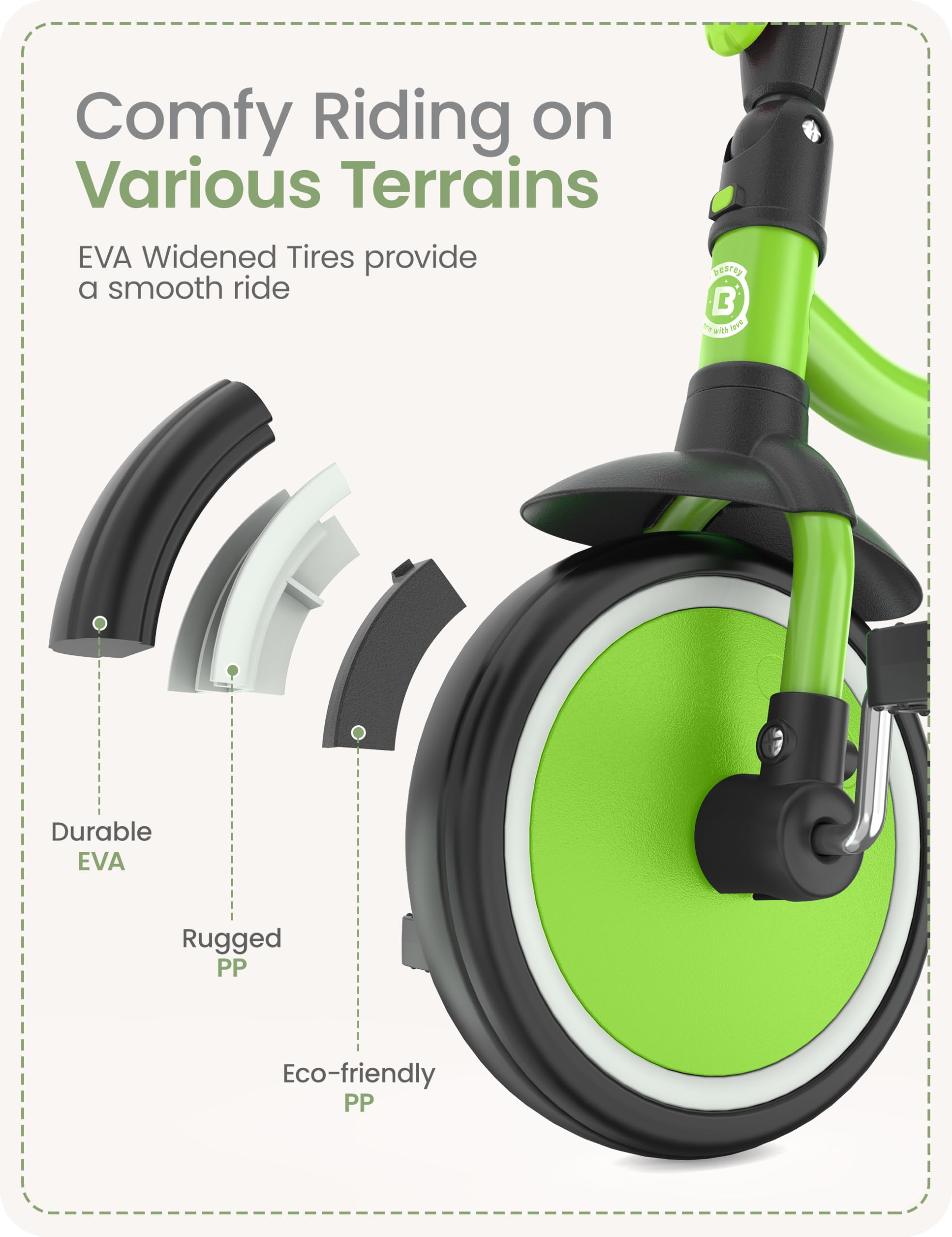 Besrey Kids Tricycle triangle frame provides rollover-free safety and confidence.