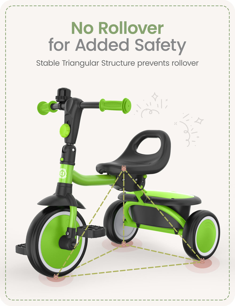 Besrey Kids Tricycle with wide rear wheels enhances stability during rides.