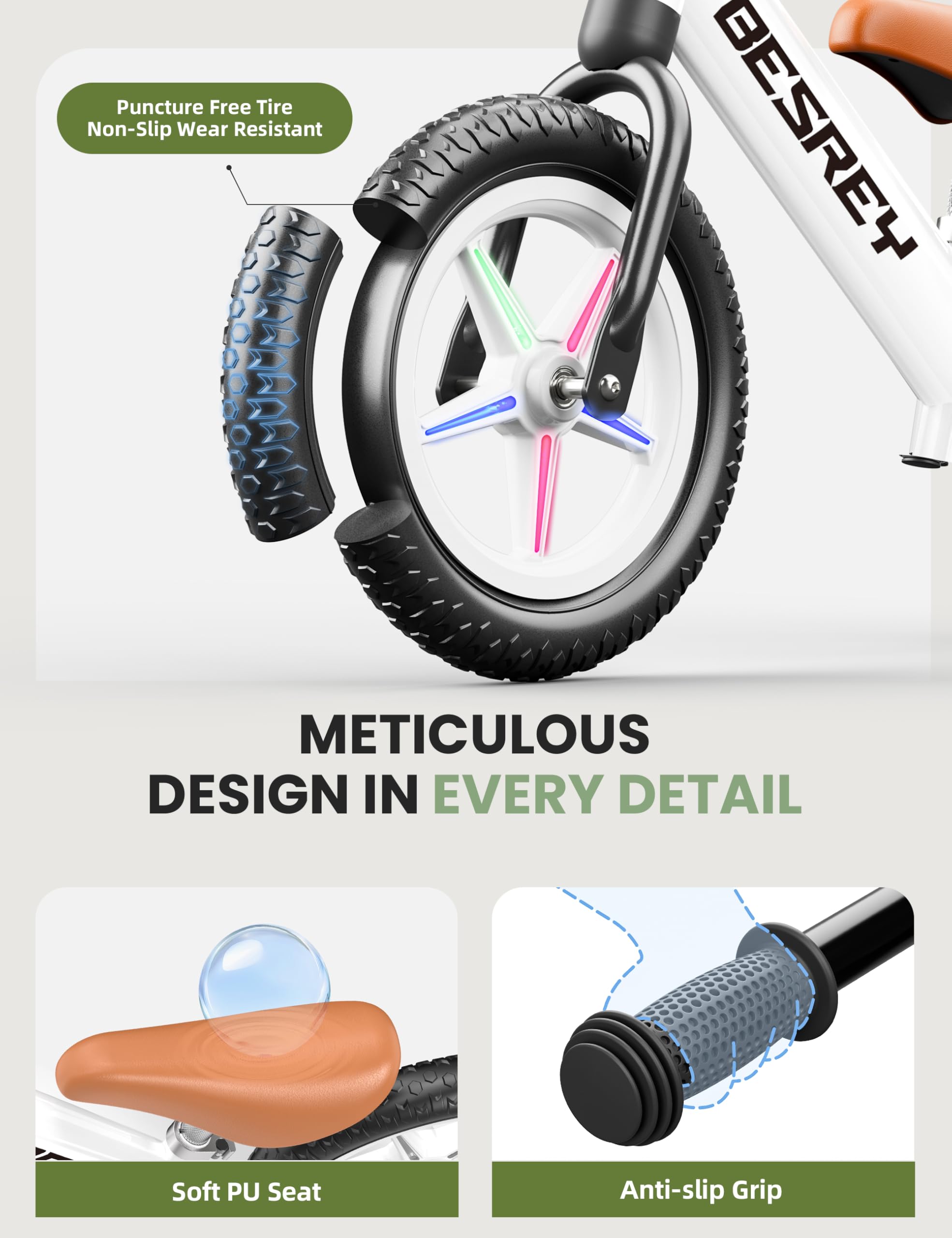 Besrey soft-padded seat offers comfortable rides as kids grow.