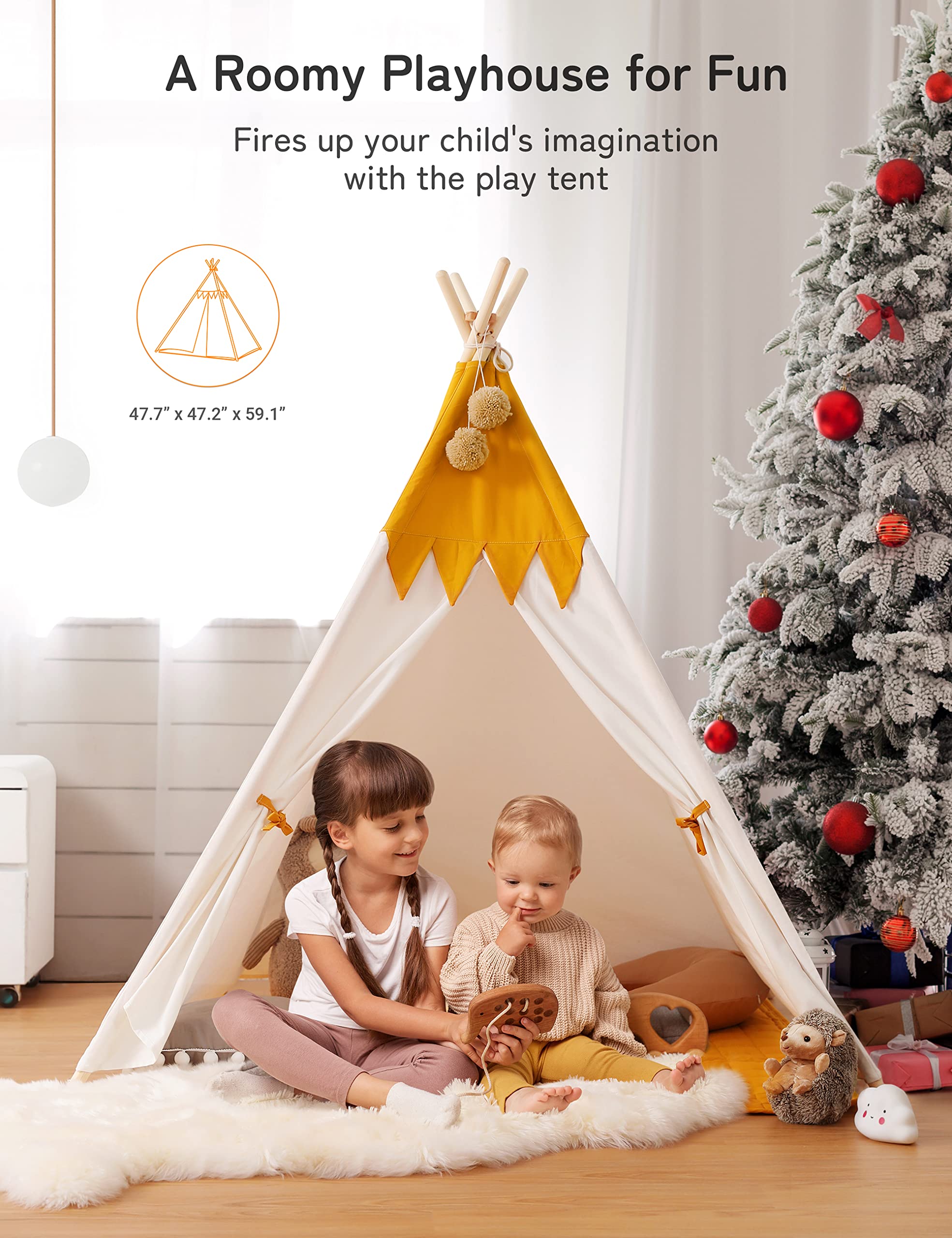 Besrey Teepee with pockets and a flap door keeps toys organized.