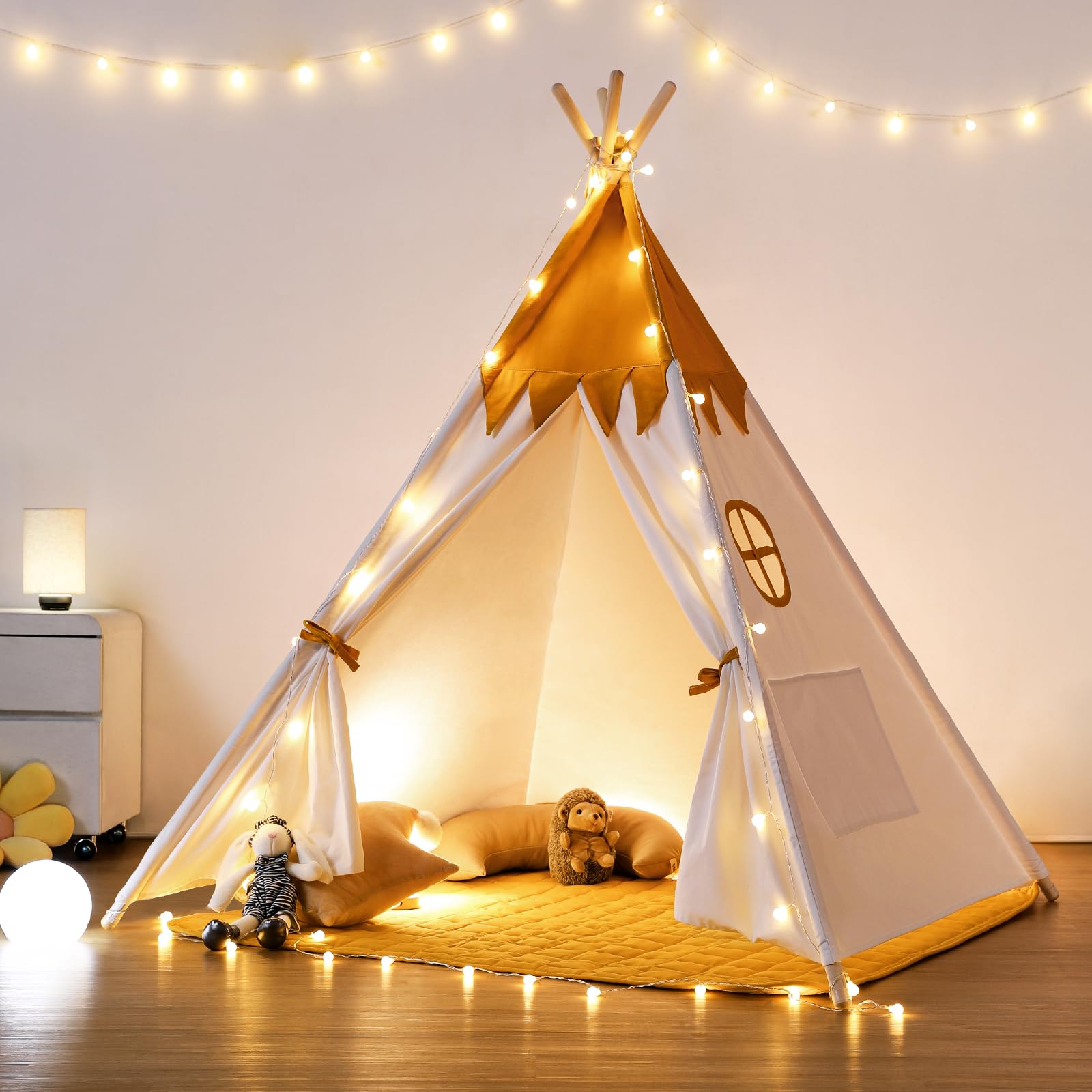 Besrey Teepee Tent with LED lights creates a cozy indoor play space for kids.