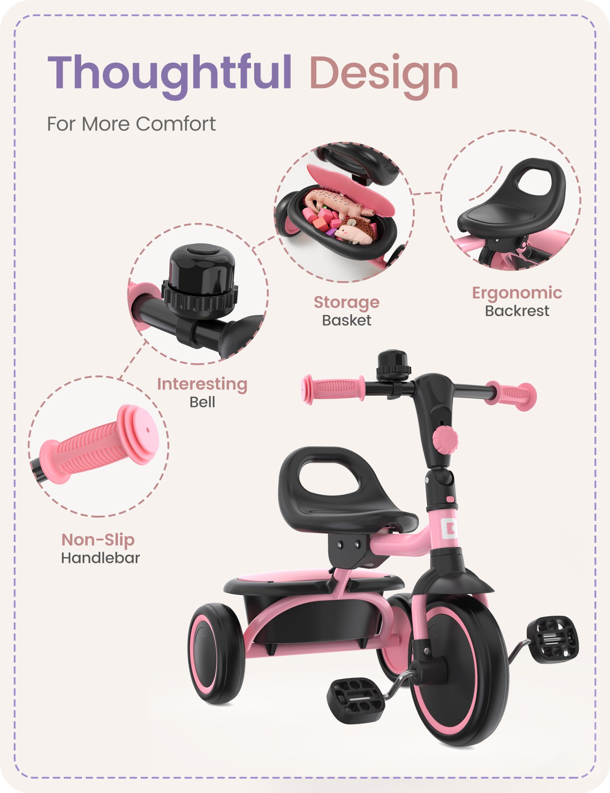 Besrey toddler tricycle adjustable seat for growing kids