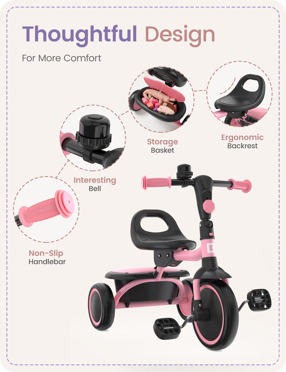 Besrey toddler tricycle adjustable seat for growing kids