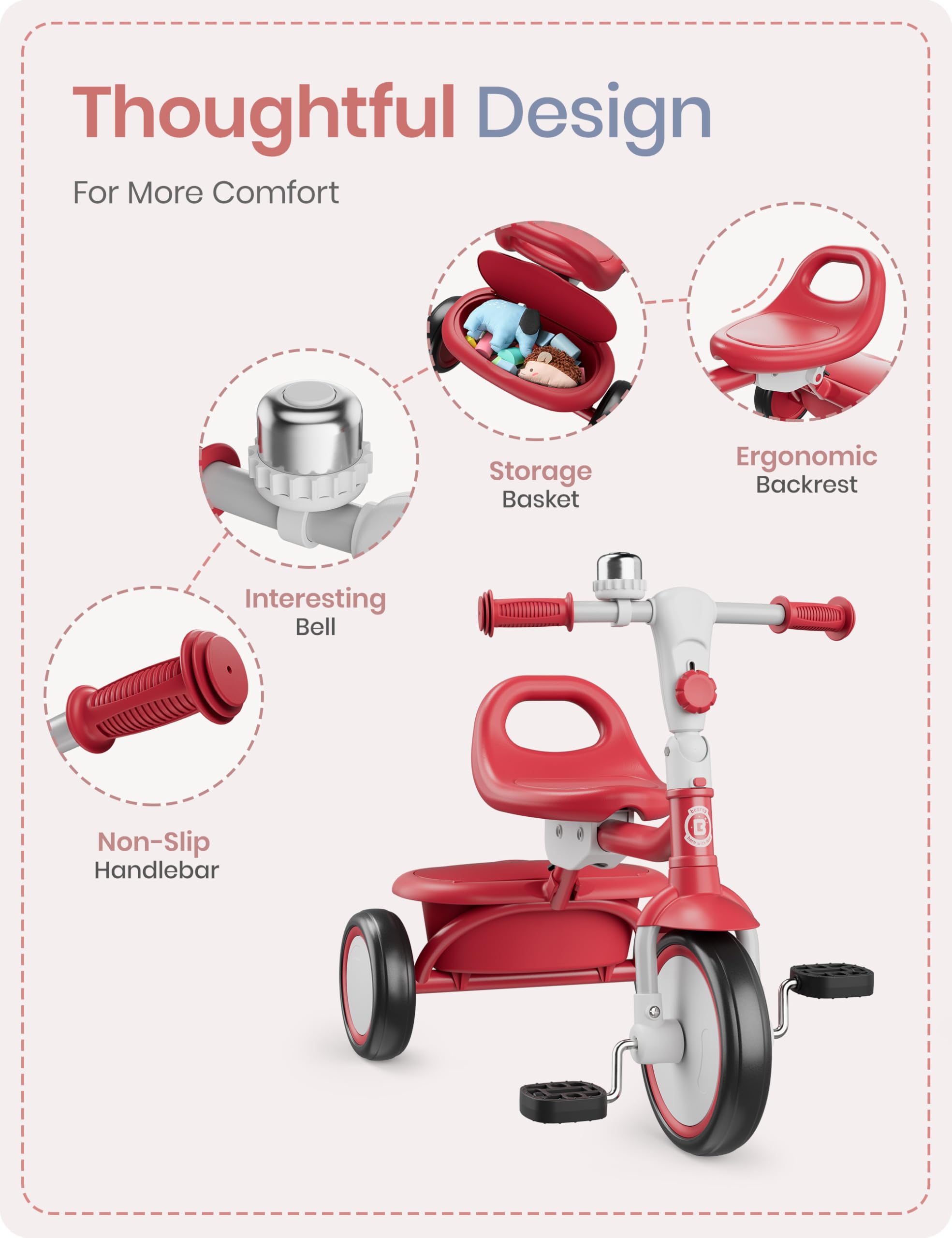 Besrey toddler tricycle backrest provides extra support during longer rides.
