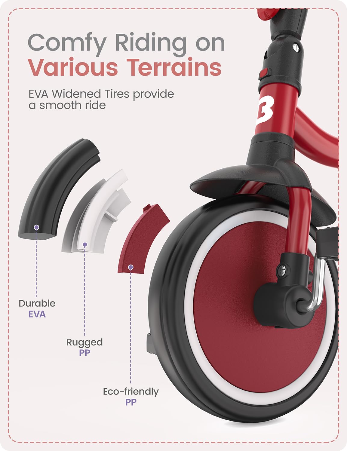 Besrey toddler tricycle adjustable seat highlights growing child compatibility.