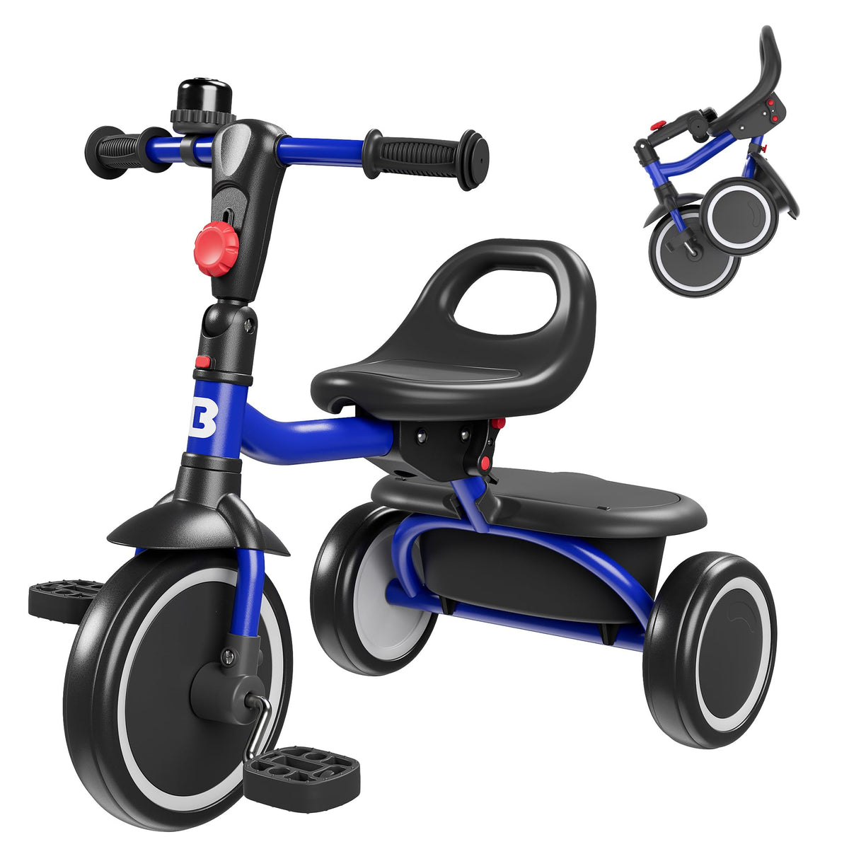 Besrey toddler tricycle blue frame with bell for safe, cheerful rides.