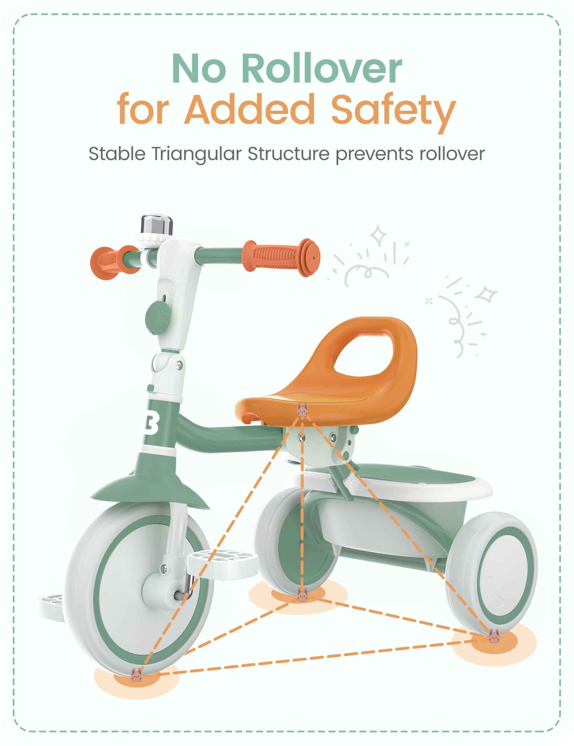Besrey toddler tricycle rear view emphasizes stable design for safety.