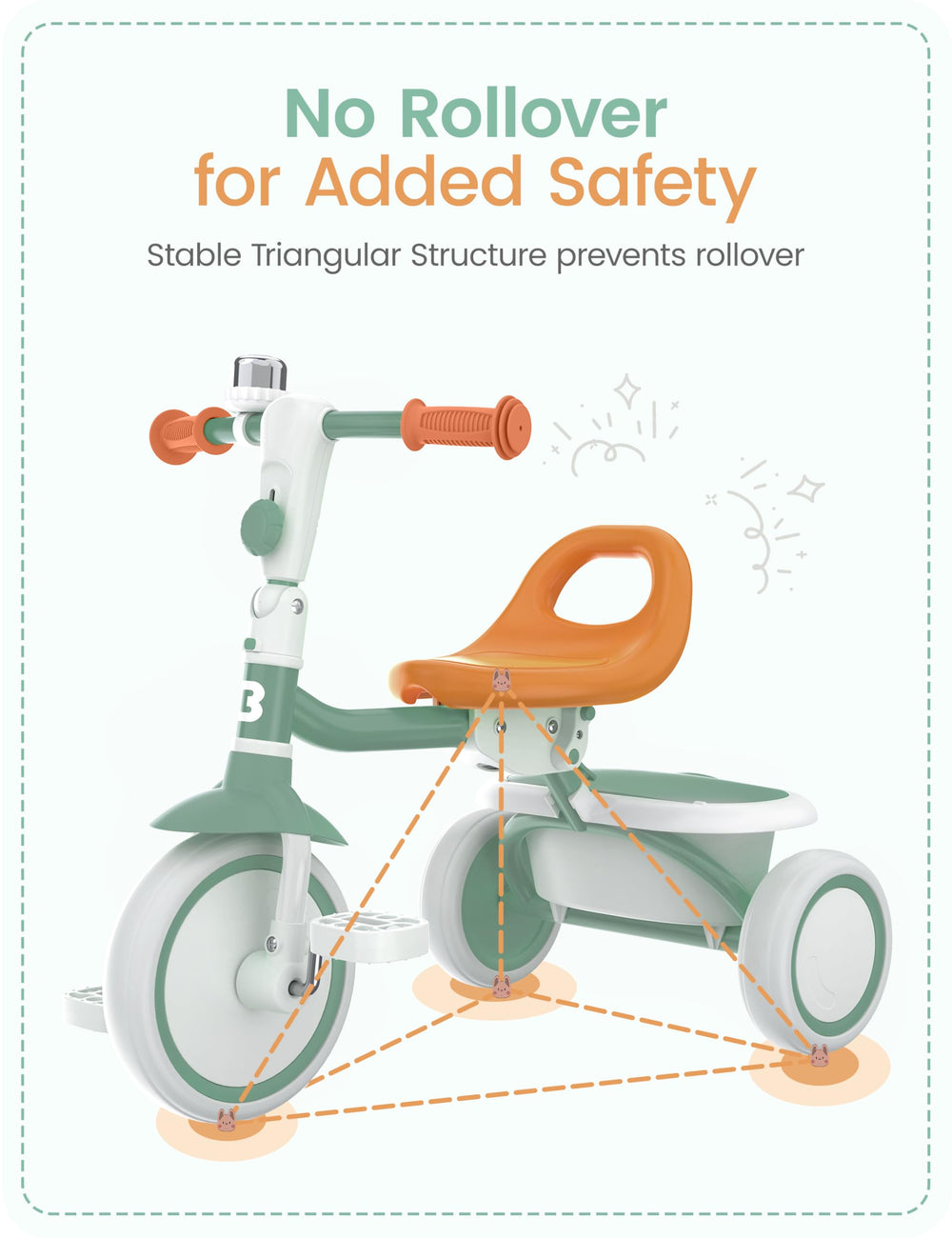 Besrey toddler tricycle rear view emphasizes stable design for safety.