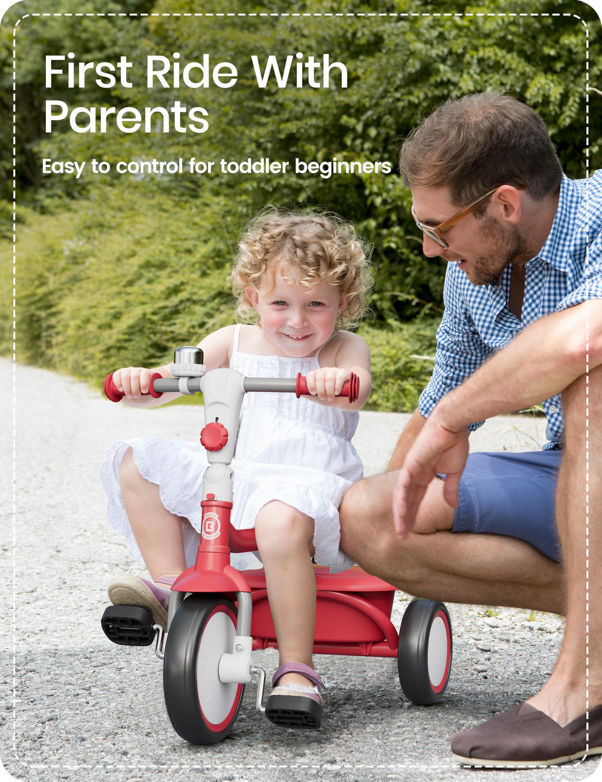 Besrey toddler tricycle stable triangle-frame design invites confident steering.