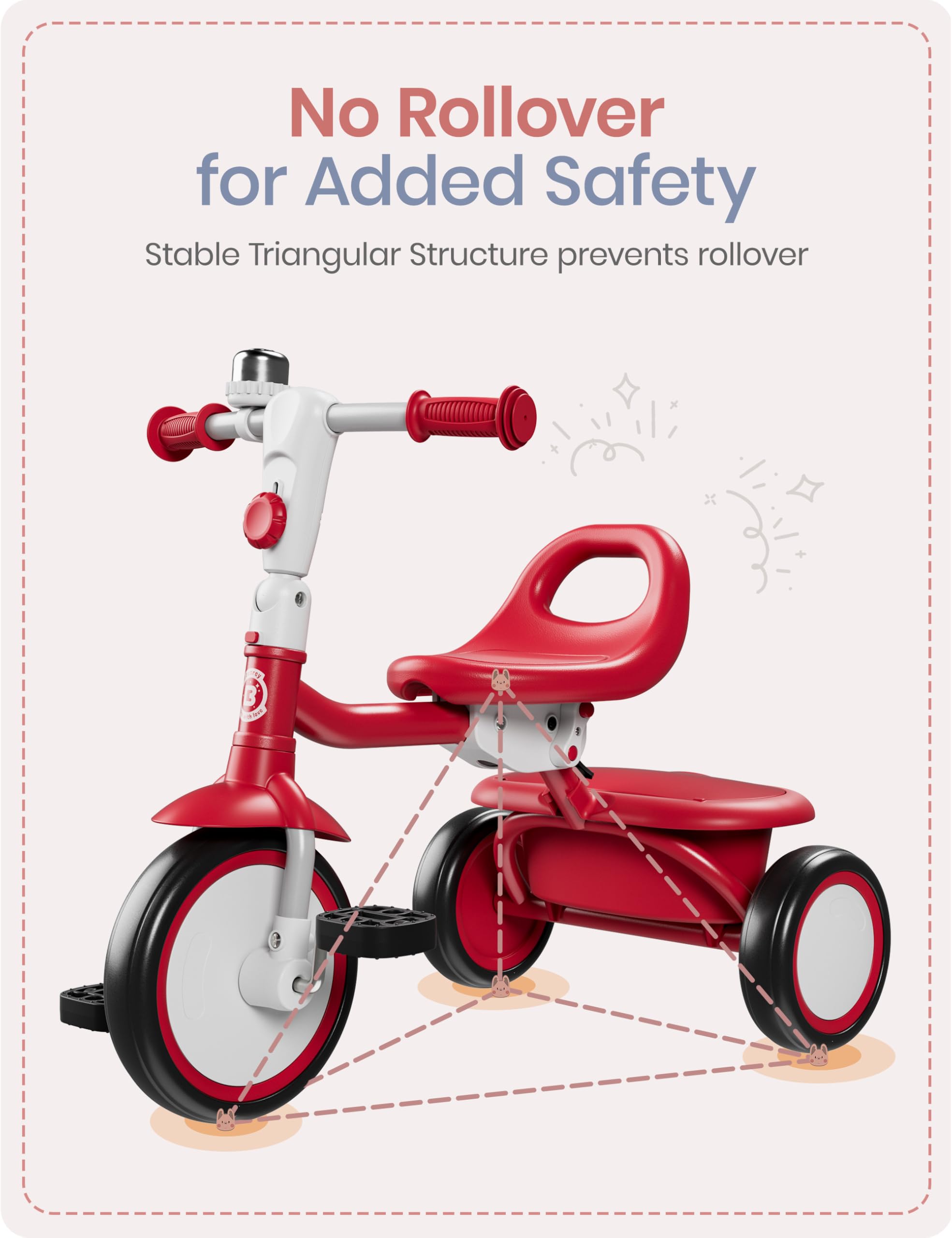 Besrey toddler tricycle wide rear wheels improve stability during rides.