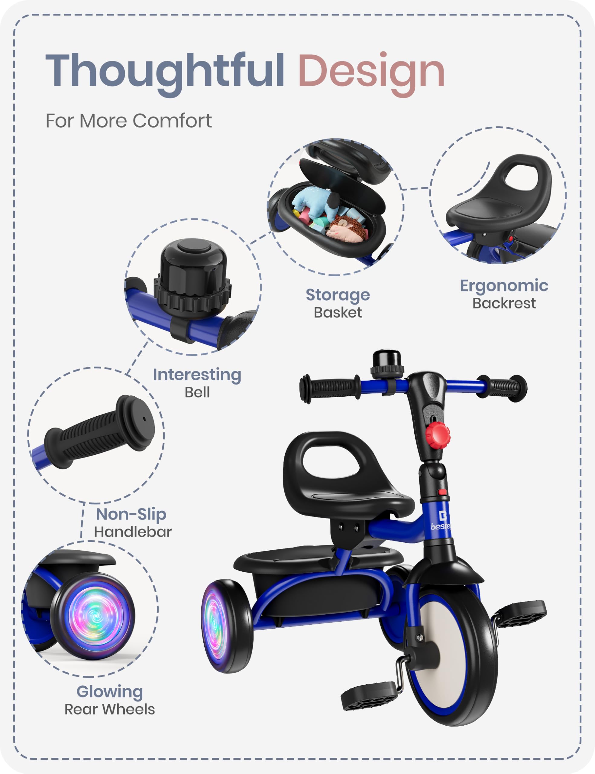 Besrey tricycle includes a bell for playful signaling during rides.
