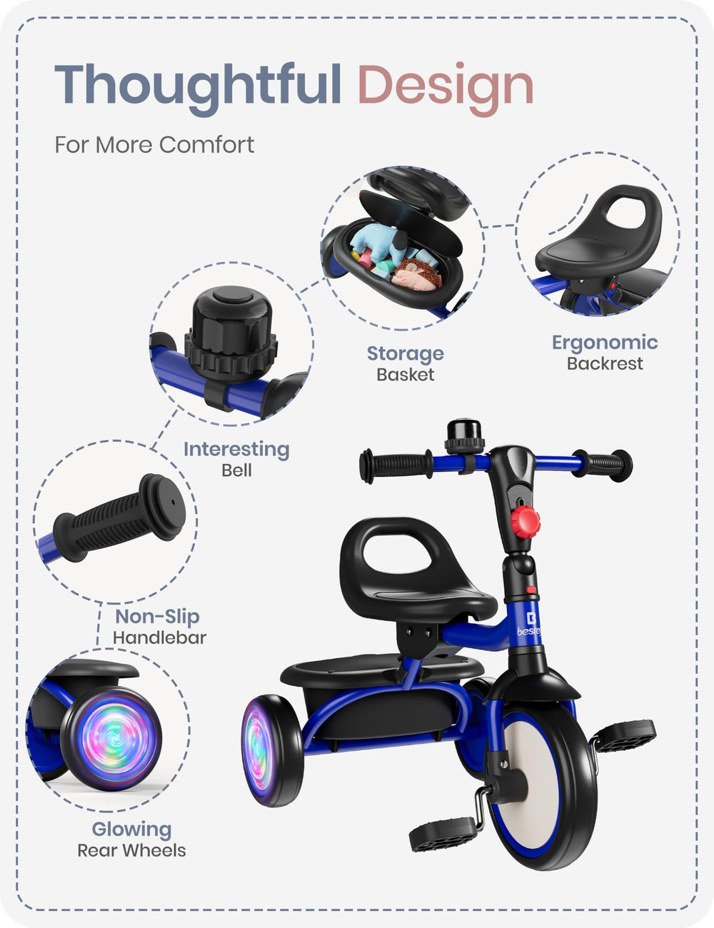 Besrey tricycle includes a bell for playful signaling during rides.