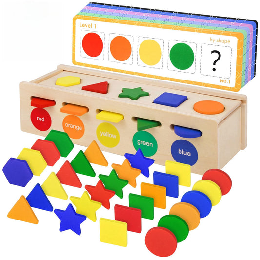 Besslly Shape Sorter box in wood helps kids practice color and shape recognition.