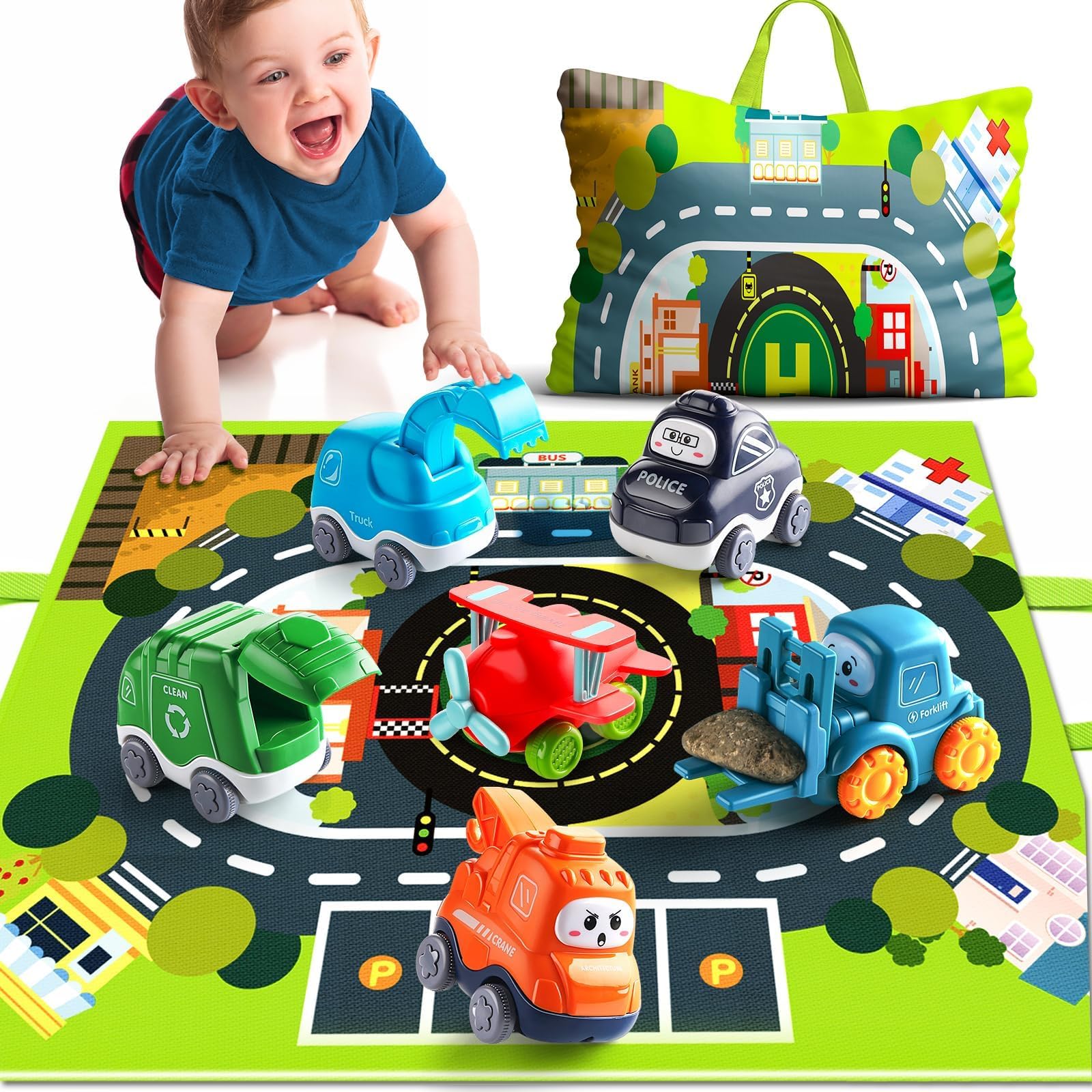 Bessome big cartoon truck toy with playmat for crawling and rolling fun.