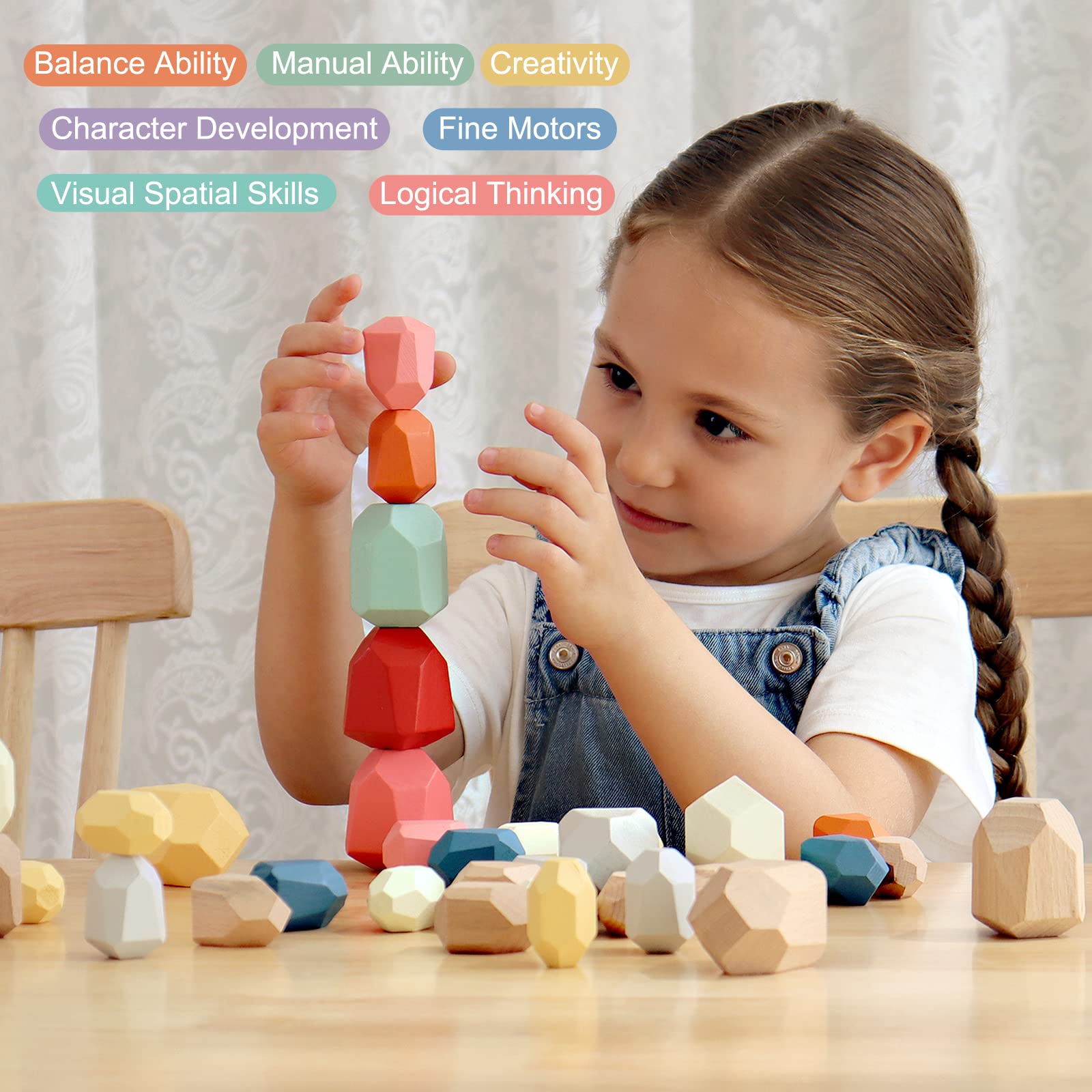 BESTAMTOY Montessori blocks colorful stones support early color recognition and spatial reasoning.