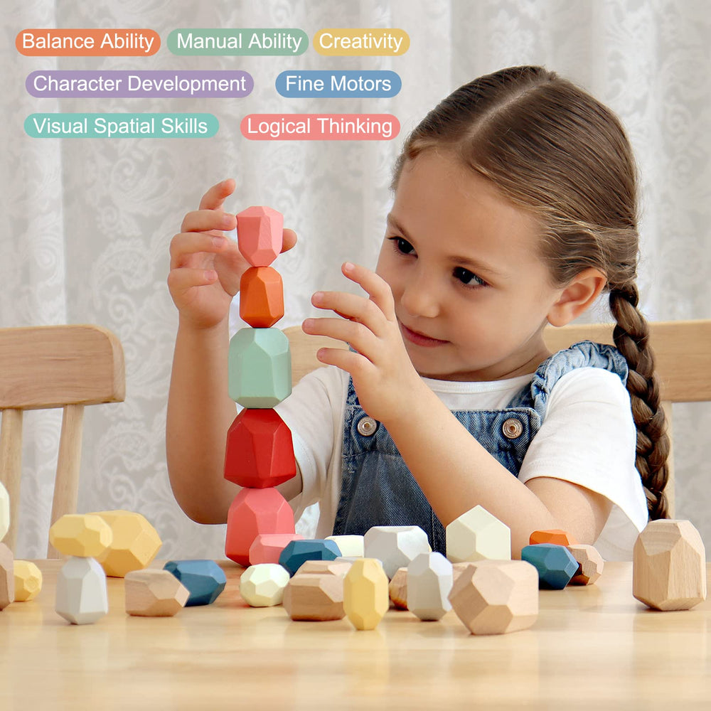 BESTAMTOY Montessori blocks colorful stones support early color recognition and spatial reasoning.