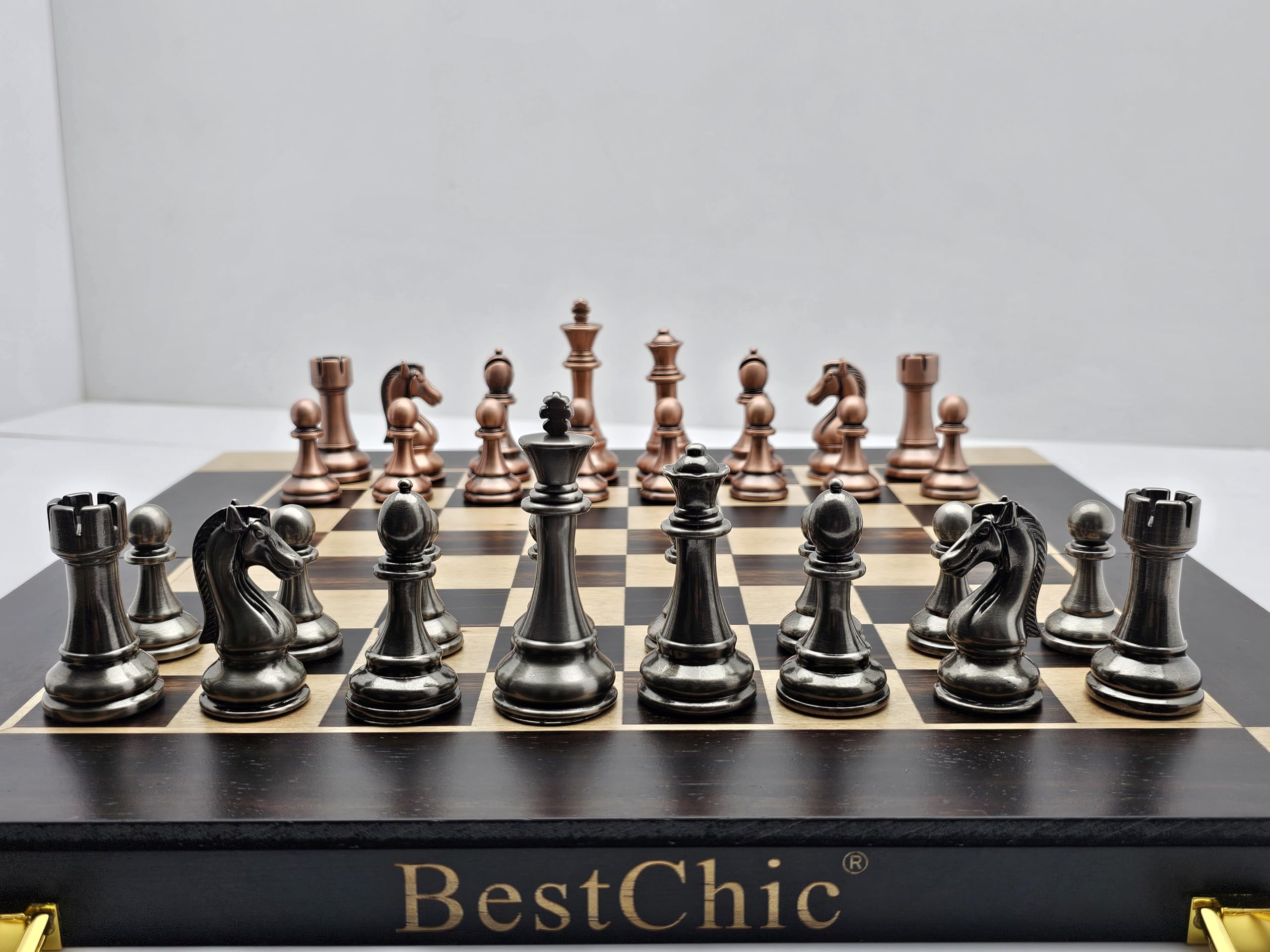BESTCHIC 15-inch metal chess set with foldable board for portable play.