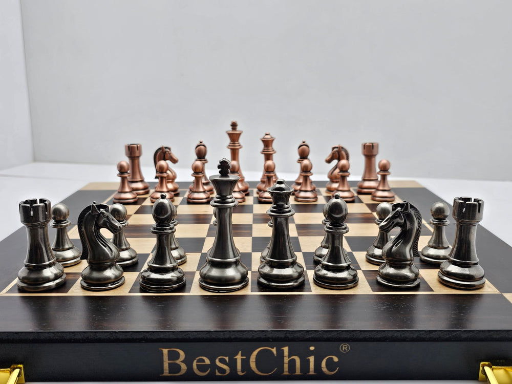 BESTCHIC 15-inch metal chess set with foldable board for portable play.
