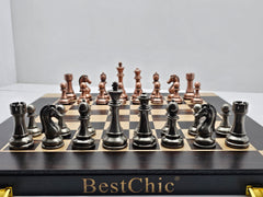 BESTCHIC 15-inch metal chess set with foldable board for portable play.