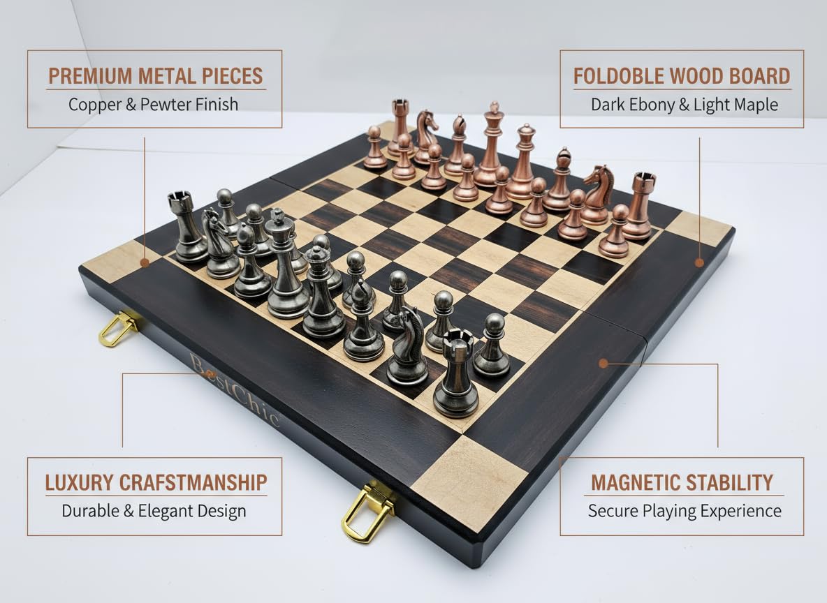 BESTCHIC heavy metal chess pieces provide satisfying heft for durable play.