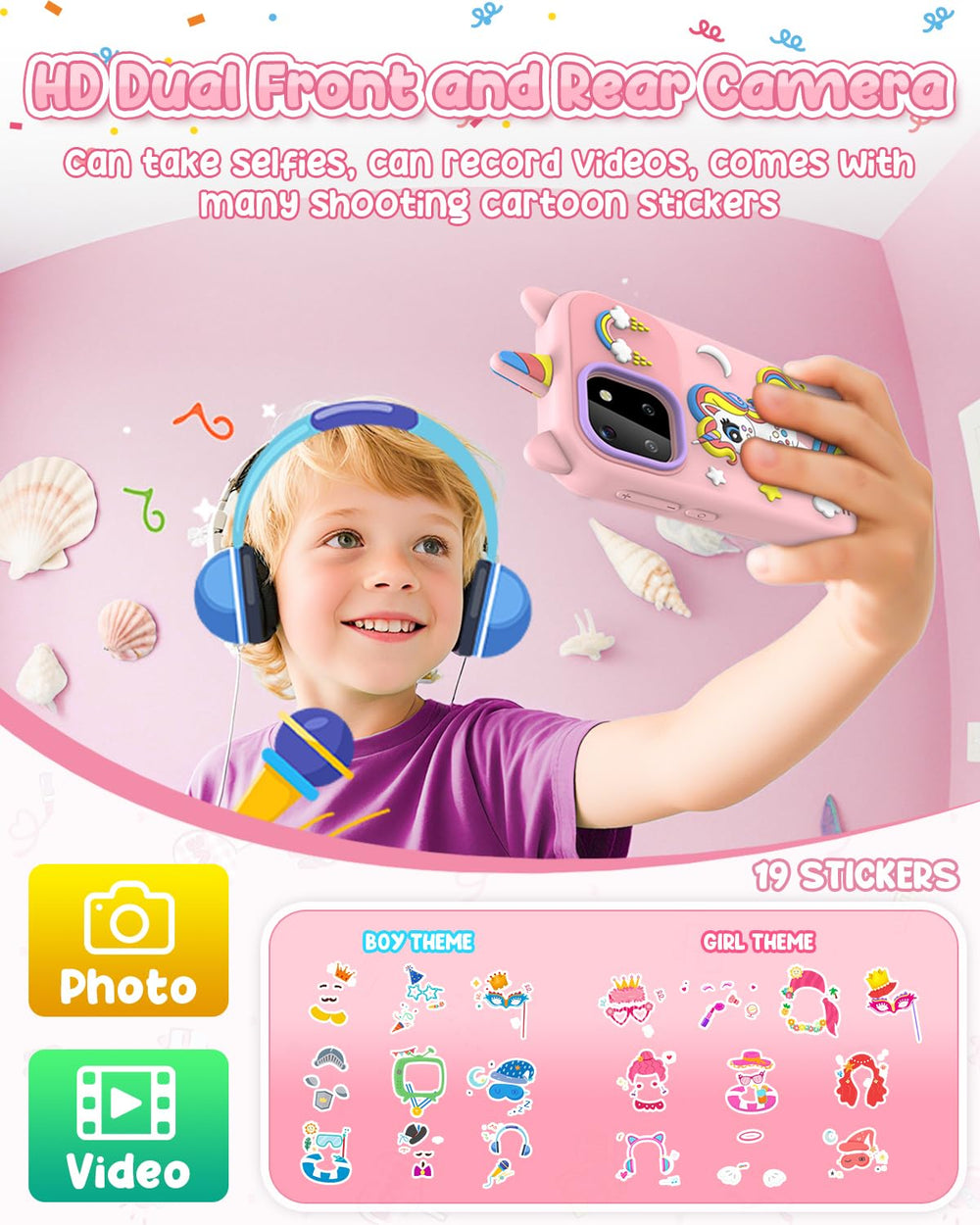 BESTOONE Kids Phone Toy dual camera front and rear for creative photos