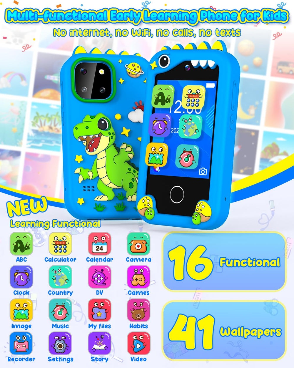 BESTOONE kids smartphone toy blue alarm clock and habit reminders for routines
