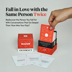 Couple playing with the BestSelf Intimacy Deck for conversation prompts.