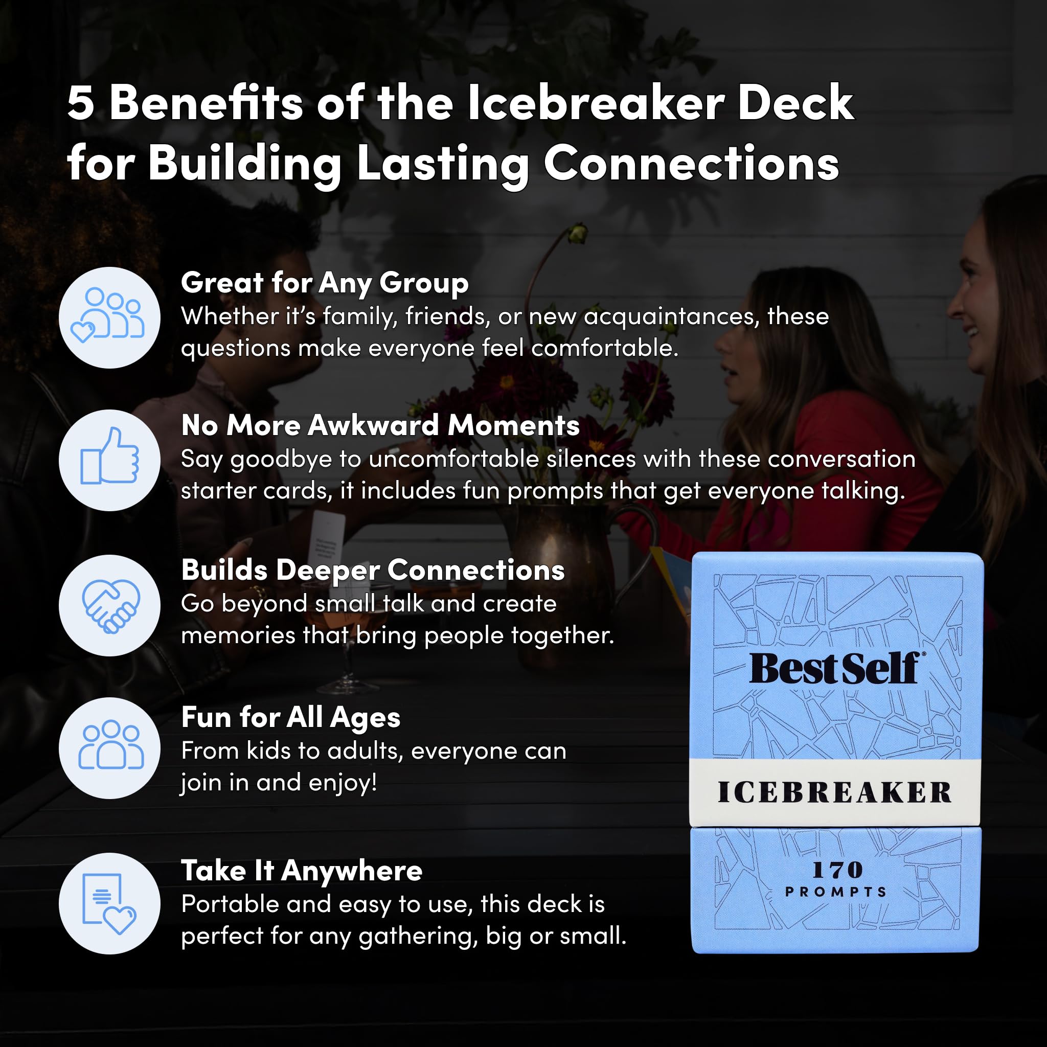 BestSelf Icebreaker Deck card stack displaying 170 prompts for engaging conversations.
