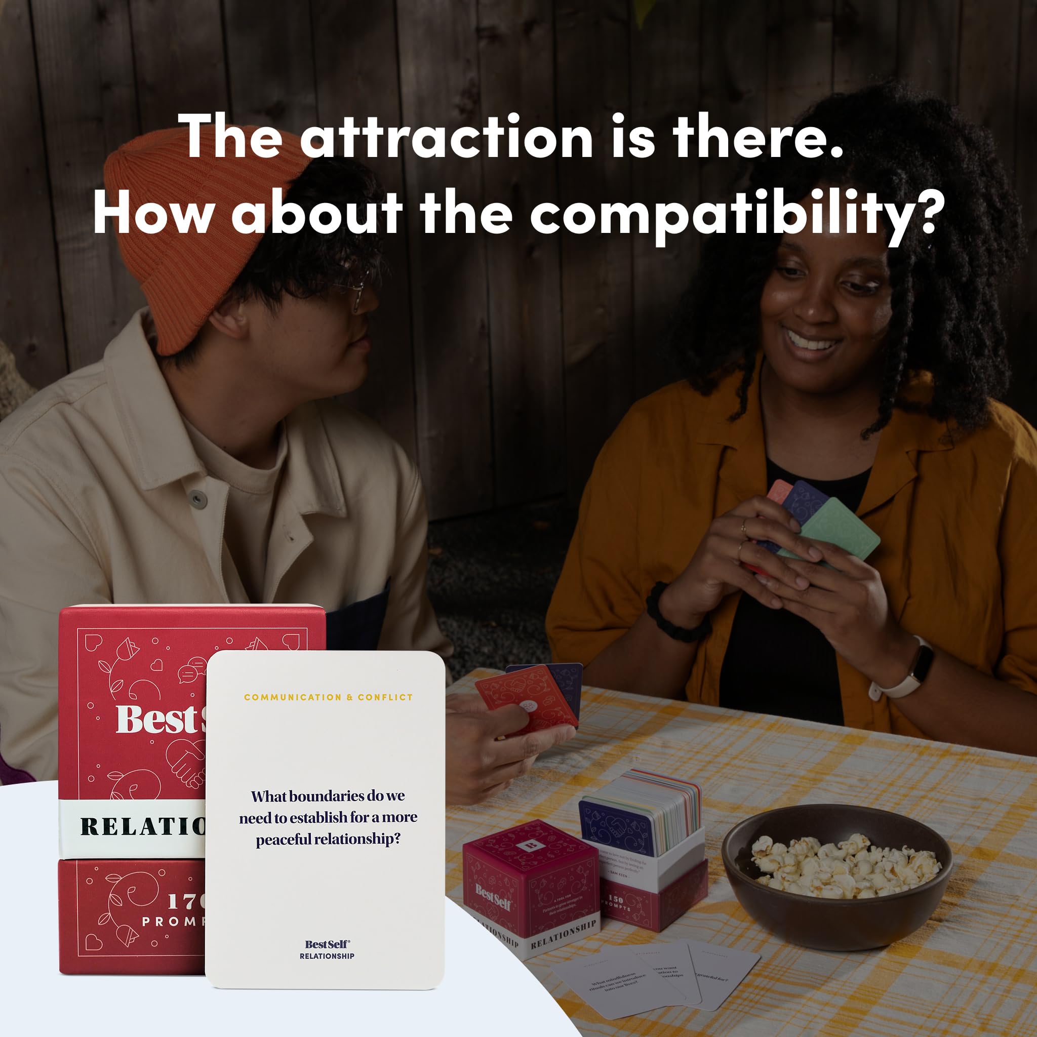 Close-up of BestSelf prompts inviting thoughtful, values-based discussions for couples.