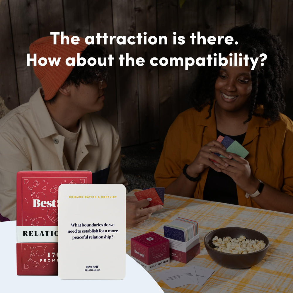 Close-up of BestSelf prompts inviting thoughtful, values-based discussions for couples.