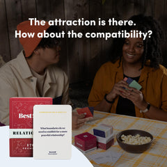 Close-up of BestSelf prompts inviting thoughtful, values-based discussions for couples.