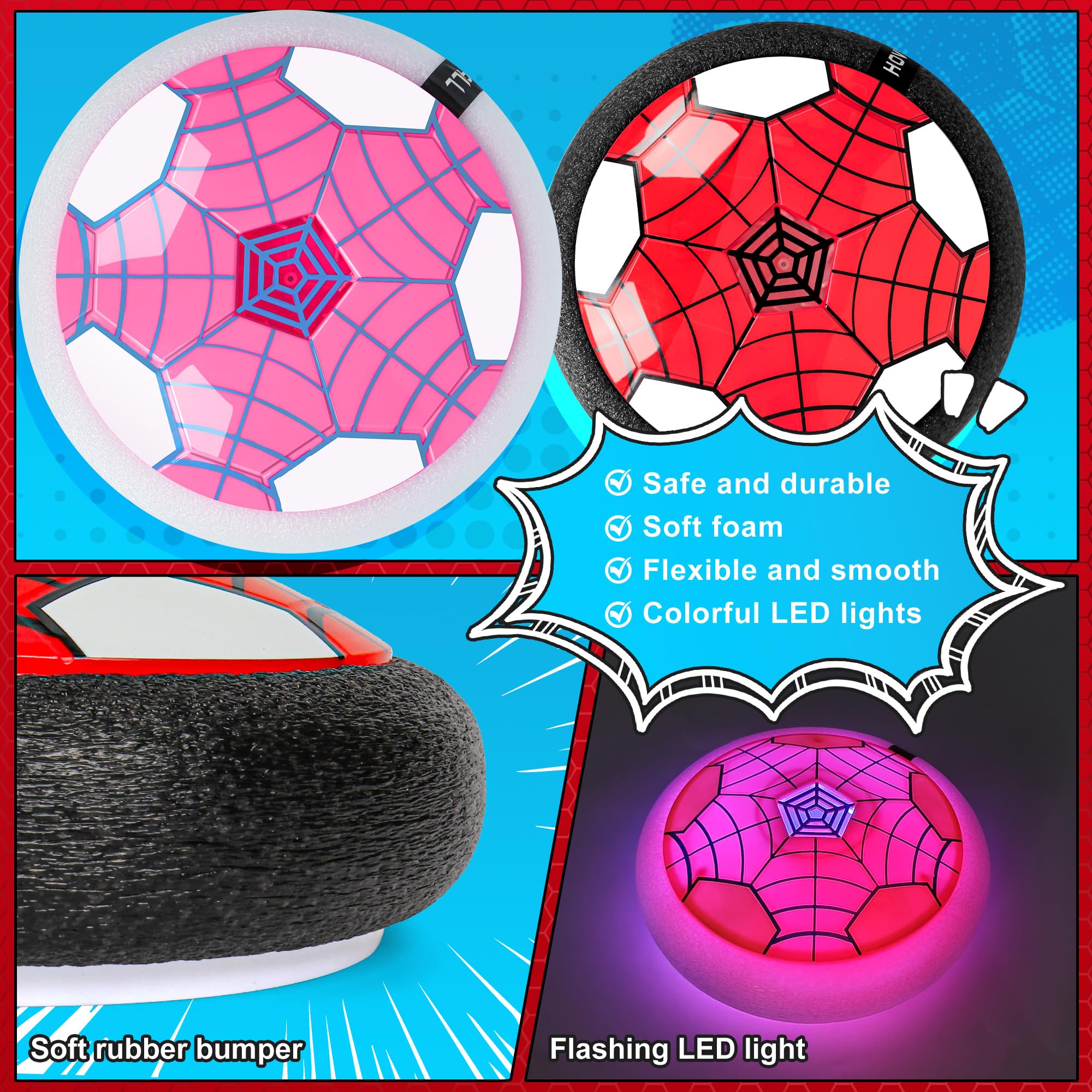 BESTVIVE hover soccer ball LED red-pink, eye-catching indoor play for kids.
