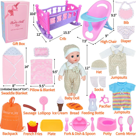 Besurejoy doll care set includes high chair and crib for realistic role play.