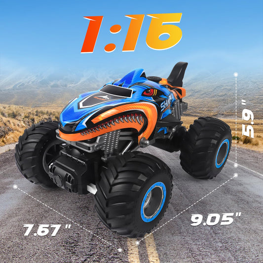 BESWIT 1:16 RC monster truck side view highlighting durable chassis for bumpy ground play.