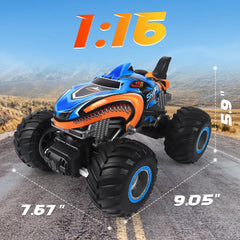 BESWIT 1:16 RC monster truck side view highlighting durable chassis for bumpy ground play.