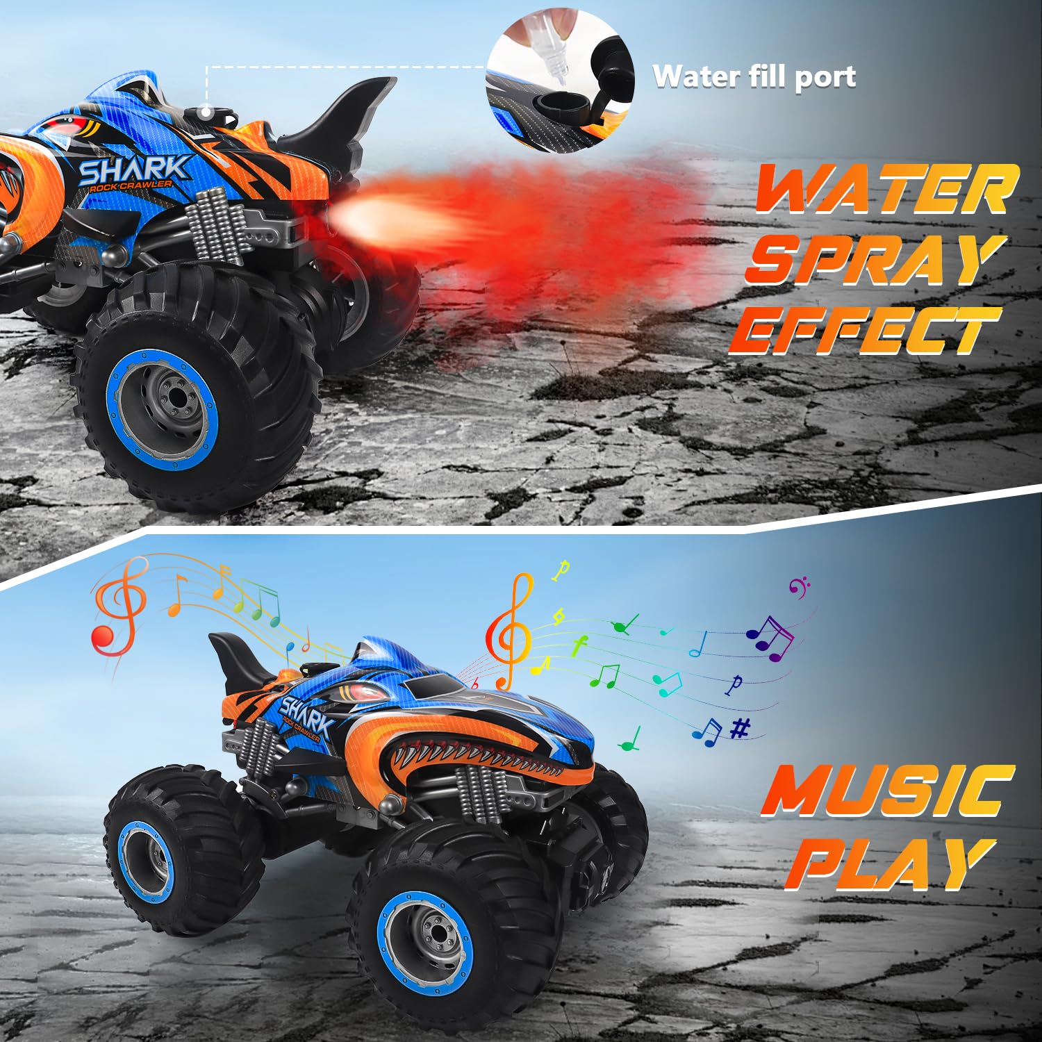 BESWIT 1:16 RC monster truck top view emphasizing compact size for portable fun.