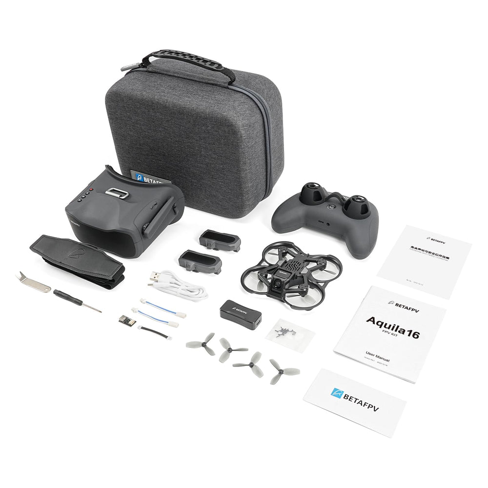 BETAFPV Aquila16 kit front view showing compact FPV setup for beginners