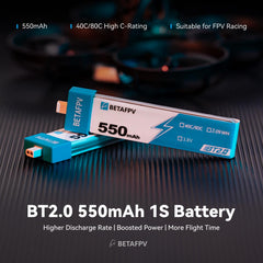 BETAFPV BT2.0 550mAh 1S battery side view showing compact profile
